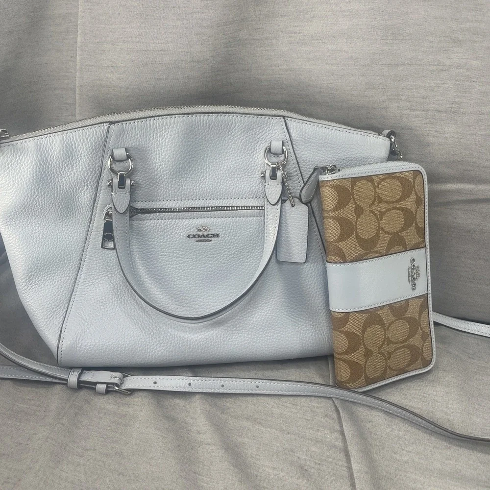Coach Prairie Satchel Crossbody Pebble Leather Bag Pale Blue  Matching Wallet